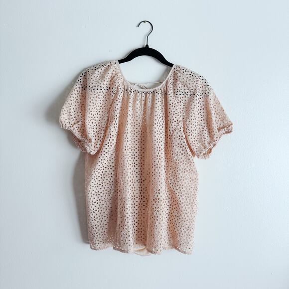 J. Crew Tan Eyelet V Back Puff Sleeve Blouse - Size 12 - Picture 1 of 10